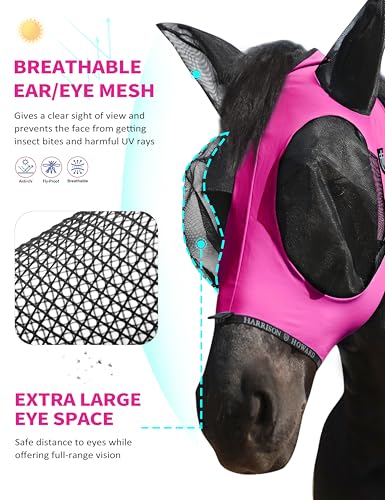Horse Fly Mask with Forelock Opening Stretch Breathable and Comfortable for Horses UV (Fuchsia / M)