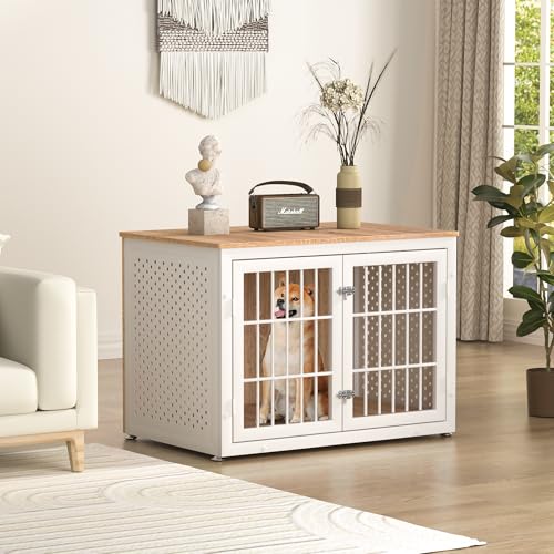 38" Heavy Duty Dog Crate Furniture for Large and Medium Dogs (38.4"L x 25.0"W x 27.6"H / Nature+White)