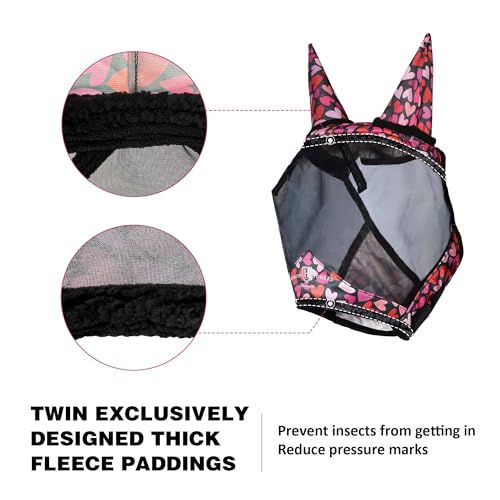 Pro LumiVista Horse Half Face Fly Mask Large Eye Space with Ears UV Protection for Horse Cute Hearts M (Cute Hearts / M)