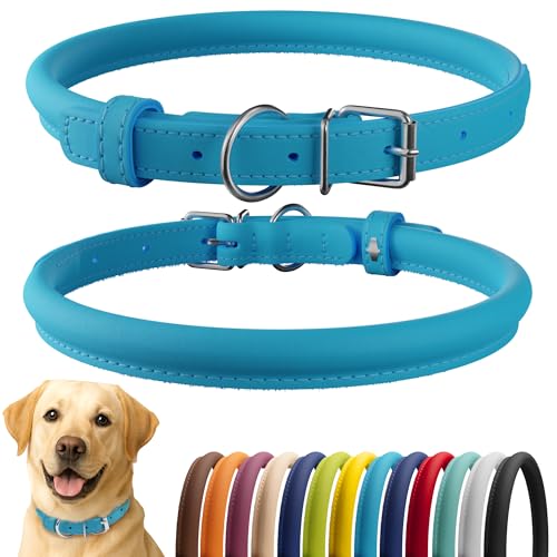 Tangle Free Rolled Leather Dog Collar (Light Blue / XXL)