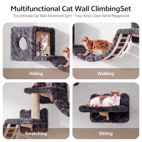 16-in-1 Cat Wall Shelves, Cat Furniture w/Tunnel & Bridge, Grey (Grey / 16-in-1)