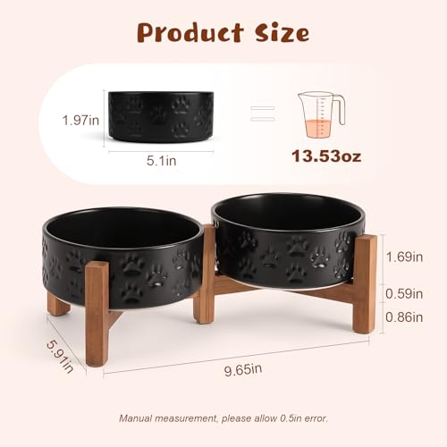 Ceramic Elevated Dog Bowl Set with Acacia Wood Stand for Food and Water for Cats and Small Dogs (13.52 Oz / Dog Paw Black)