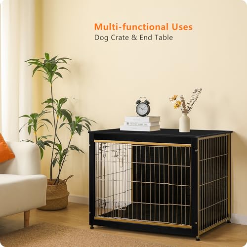38.5" XL Dog Crate Furniture with Cushion (Black+Gold / 38.5"L x 25.6"W x 26.8"H)