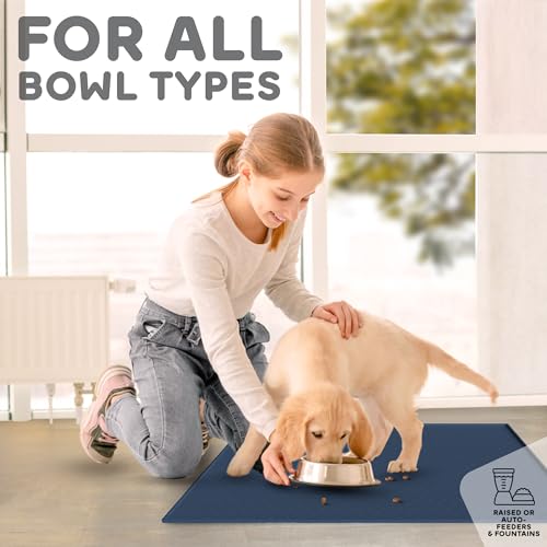 Dog Food Mat Raised Edges Dogs Mat for Food and Water Prevent Spill (18.5" x 11.5" / Denim Gray)