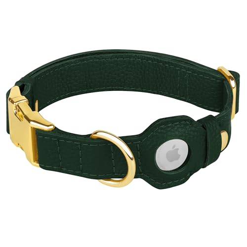 Leather Airtag Dog Collar (Green / L, 17"-21" Neck Fit)
