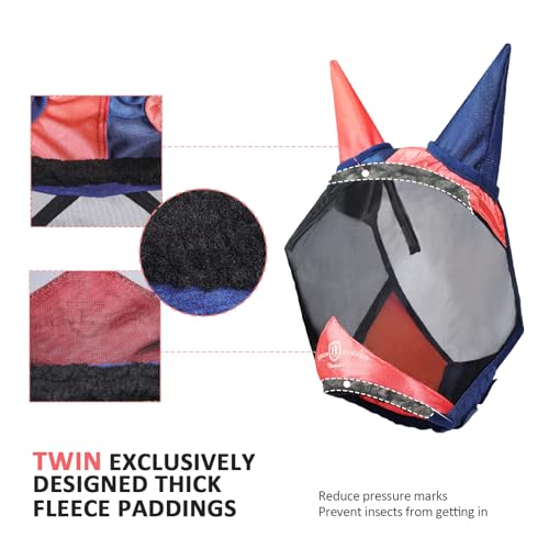 Pro Luminous Horse Fly Mask Standard with Ears UV Protection for Horse Coral Orange (Coral Orange/Navy / Medium (Arabian))