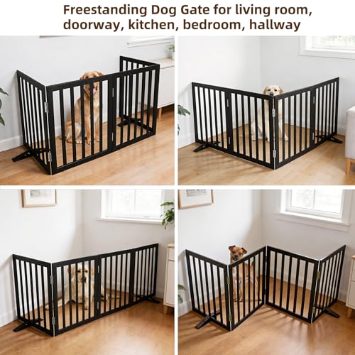 Freestanding Indoor Dog Gate for House Foldable Wood Puppy Gate for Doorways Pet Gate for Stairs Extra Wide Pet Fence (Black / 【4 Panels】80''w x 32''h)