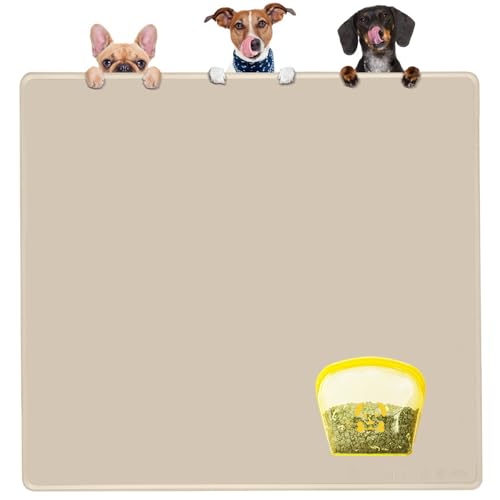 Extra Extra Large Silicone Dog Food Mat 39.4×43.3in and 128oz Silicone Bag Set (39.4"L x 43.3"W / Beige Mat & Yellow Bag)