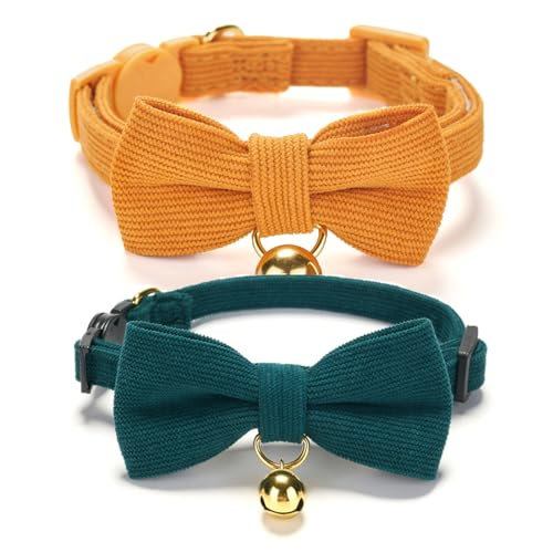 2 Pack Soft Corduroy Cat Collars with Bow Tie & Bell Adjustable Breakaway Kitten Bowtie Collar for Girl Boy Cats (S:Neck 7.0" - 11.0" / Corduroy-Orange Green)