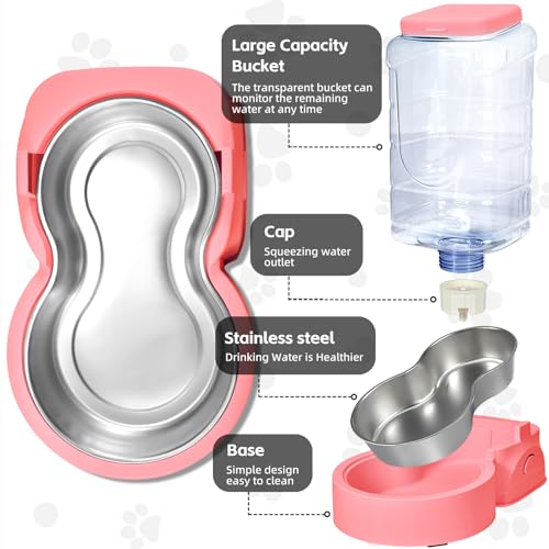 Automatic Cat Feeder and Water Dispenser with Stainless Steel Bowl Dog Gravity Food Feeder and Waterer for Small Medium Pets Puppy Kitten 1 Gallon x 2 (Pink)