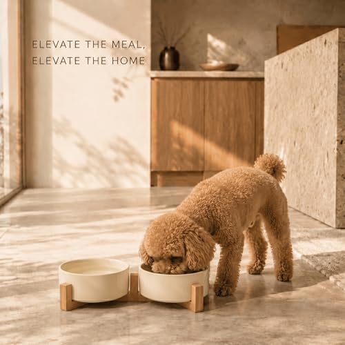 Ceramic Dog and Cat Bowl Set with Wooden Stand (1.7 cups / Beige × 2)