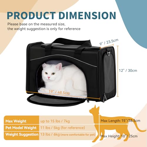 Two Way Placement Pet Carrier Airline Approved (Black / 19.0"L x 9.5"W x 12.0"H)