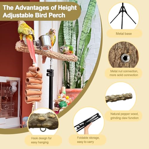 3-Layer 16-63 Inch Height Adjustable Bird Perch Pepper Wood Birds Training Perch Stand Parakeet Perches Indoor and Outdoor Parrot Stands for Small to Medium Bird (Three-tier floor stand)