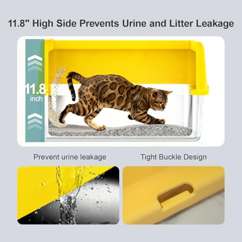 XL Stainless Steel Cat Litter Box for All Cats with High Sides and Scoop (Yellow / X-Large)