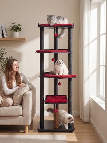 67.7" Wooden Cat Tree for Large Cats (Black/Red / 23.6"L x 22.8"W x 67.7"H)