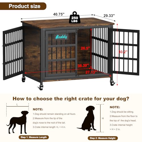 41"/33"/27" Dog Crate Furniture with Name Tag, Heavy Duty Dog Kennel Indoor for Medium Dogs, Double-Doors Sturdy Metal Dog Cage for Anxiety Dog, Decorate House as TV Stand, End Table (40.8"L x 29.3"W x 30.2"H / Brown)