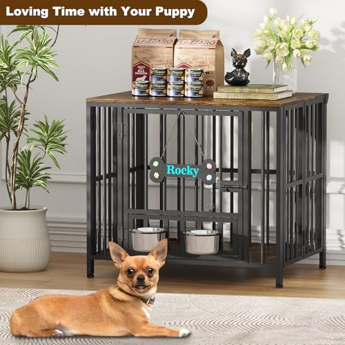 27" Foldable Dog Crate Furniture (Rustic Brown / 27.6"L x 20.5"W x 23.6"H)