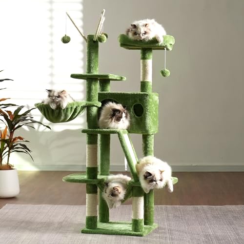 Cat Tree Tower with Padded Platform Bed (53 Inch / Green)