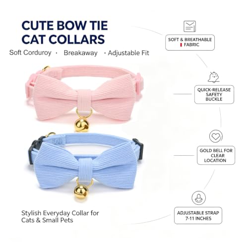 2 Pack Soft Corduroy Cat Collars with Bow Tie & Bell Adjustable Breakaway Kitten Bowtie Collar for Girl Boy Cats (S:Neck 7.0" - 11.0" / Corduroy-Blue Pink)