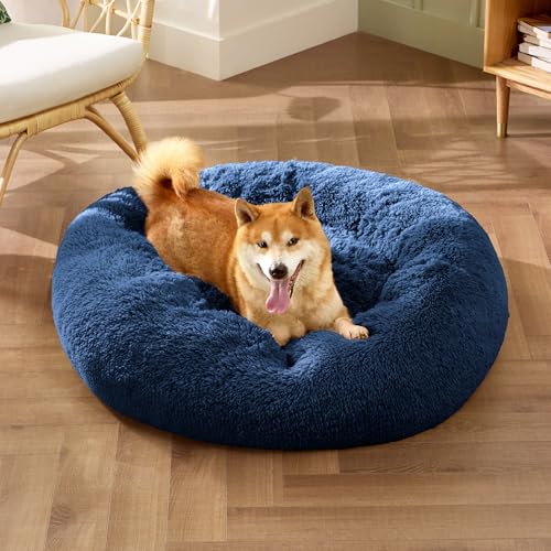 Calming Dog Bed Medium Size Dog Donut Washable Pet Bed (30"L x 30"W x 8"Th / Navy)