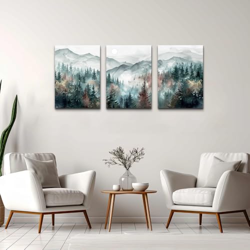 Farmhouse Wall Art For Bedroom Wall Decor For Living Room Wall Pictures for Office Fog Forest Mountain Landscape Watercolour Painting Artwork Modern Home Decorations Ready To Hang 3 Piece (12x16inches*3pcs / Foggy Forest Trees Landscape Pictures)