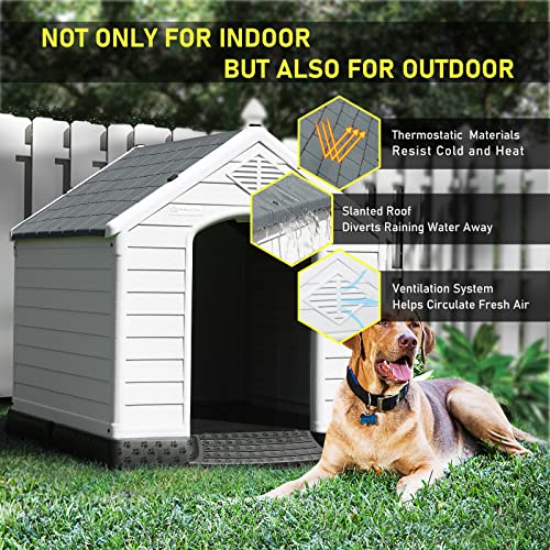 Durable Waterproof Plastic Dog House for Small to Large Sized Dogs (Gray / 34"L x 31"W x 32"H)