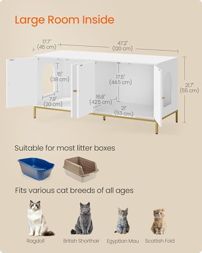 Double Cat Litter Box Enclosure (White + Gold / XXL (47.2"L x 17.7"W x 21.7"H))