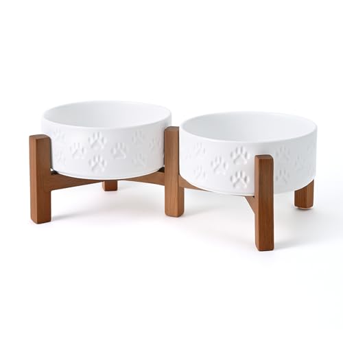 Ceramic Elevated Dog Bowl Set with Acacia Wood Stand for Food and Water for Cats and Small Dogs (13.52 Oz / Dog Paw White)