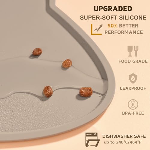 Cat Food Mat Silicone Non Slip Dog Bowl Mat Waterproof Cat Feeding Mat Stop Food Spills and Water Messes Out to Floor Pet Food Mat (Warm Taupe / 20" x 12")