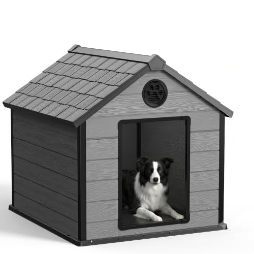 Extra Large Waterproof Plastic Dog House for Big Dogs (Black&Gray / 41.34*45.87*42.17)