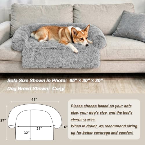 Calming Dog Bed Fluffy Plush Dog Mat for Furniture Protector with Removable Washable Cover for Large Medium Small Dogs and Cats (Grey / 41.0"L x 37.0"W x 6.0"Th)