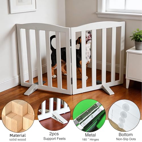Foldable Freestanding Indoor Dog Gate for House Wood White Long Pet Gates Dog Fence for Stairs Puppy Gates for Hallways (White / 【2 Panels】40''w X 32''h)