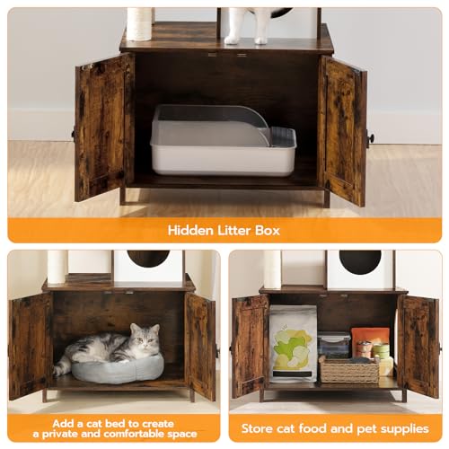 Cat Tree with Litter Box Enclosure for Indoor (Rustic Brown)