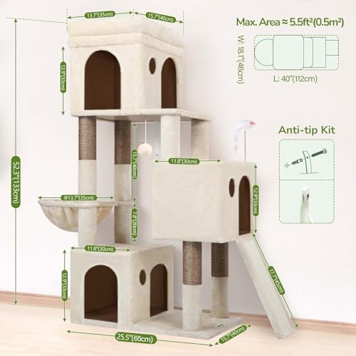 Heavy Duty Cat Tree for Indoor Cats Large Adult (52inch / Beige)
