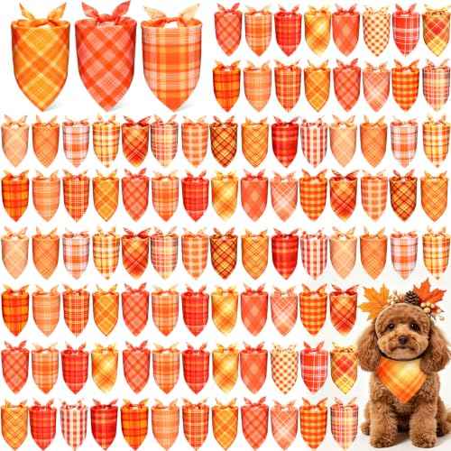 100 Pcs Fall Plaid Dog Bandanas Bulk (Fall Plaid / 19.7 x 13.8 x 13.8 Inch)