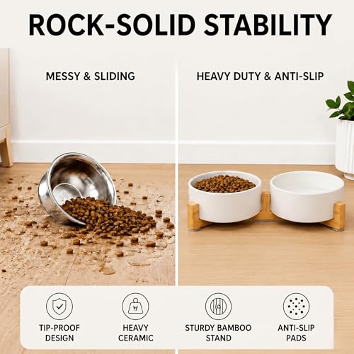 Ceramic Dog and Cat Bowl with Wood Stand Non (1.7 cups / White × 2)