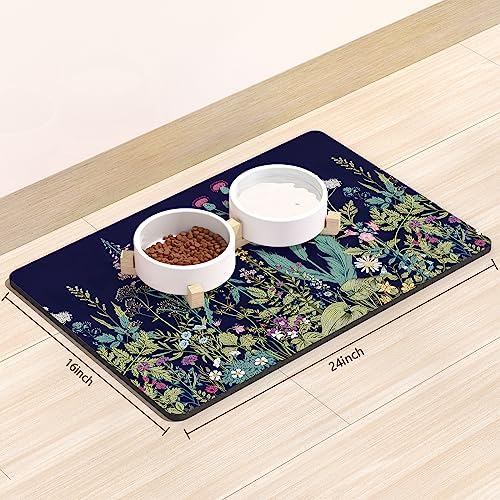 Dog Food Mat 16" x 24" Flower Absorbent Dog Cat Bowl Mat for Food and Water (Midnight Flower / 16"L x 24"W)