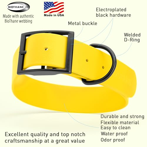 Biothane Waterproof Dog Collar Strong Coated Nylon Webbing with Black Hardware Odor (W1.5" x L16"-20" / Lemon Yellow)