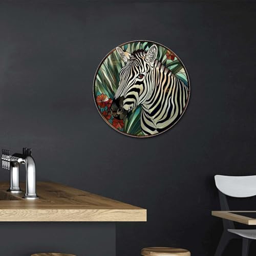 Metal Sign Tin Sign Circular Stained Glass Zebra Decor Outdoor for Garden 12×12 Inches (12×12 Inches / Zebra-1)