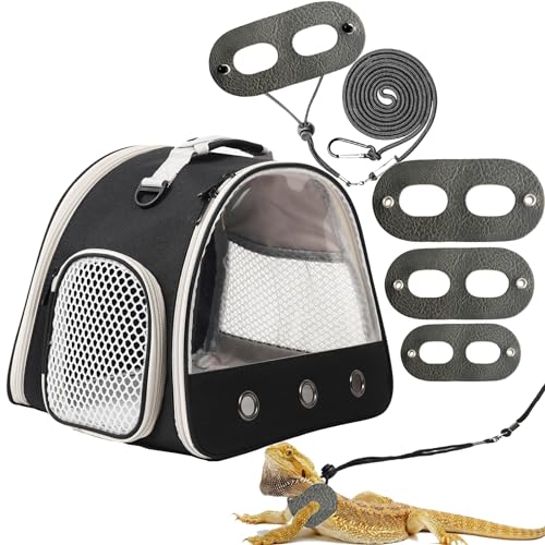 Leopard Gecko Portable Carrier with Leather Harness and Leash Set (Black)
