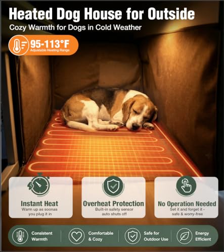 Extra Large Heated Dog House Outdoor with Iron Frame & Rotating Bowls Beige