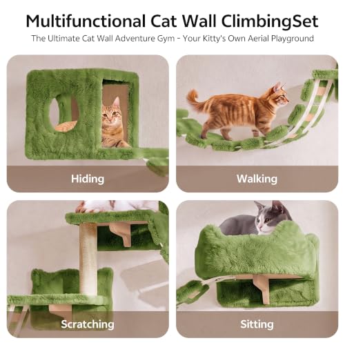 9-in-1 Cat Wall Shelves, Cat Wall Furniture Set with Bridge, Green (Green / 9-in-1)