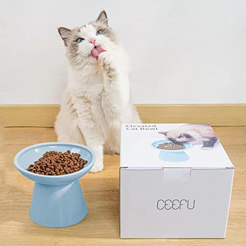 Extra Wide Elevated Ceramic 6.2" Shallow Cat Food Bowl (Blue-Shallow)