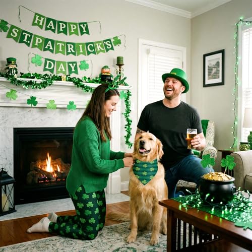 100 Pcs St Patricks Day Bandanas Bulk for Dogs Adjustable Irish Shamrocks Clover Green Plaid Triangle Soft Bibs Puppy Bandana for Small Medium Large Pet Costume (St Patricks Day / 25.6 x 17.7 x 17.7 Inch)