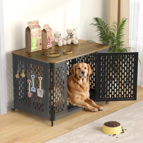 43.7" Heavy Duty Dog Crate Furniture for Large Dogs with Flip Top (Rustic Brown / 43.7"L x 29.9"W x 31.7"H)
