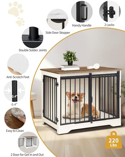 31.9" M Dog Crate Furniture Indoor Dog Kennel with Barn Door (White Brown / 31.9"L x 21.7"W x 26.6"H)