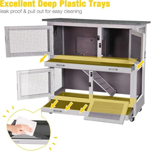 Rabbit Hutch Indoor Bunny Cage Outdoor 2 Story Pet House Guinea Pig Cage on Wheels 36" L (Grey / 36.02"L x 17.72"W x 36.22"H)