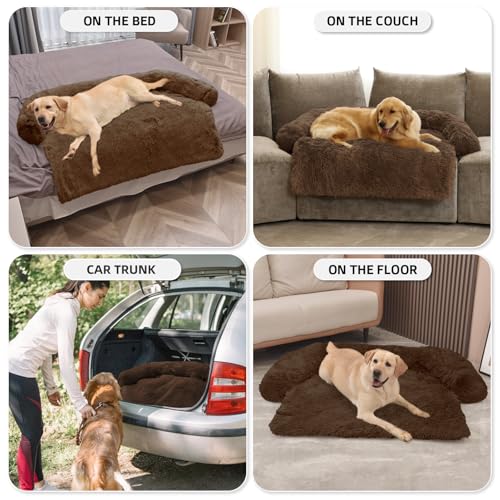Calming Dog Bed Fluffy Plush Dog Mat for Furniture Protector with Removable Washable Cover for Large Medium Small Dogs and Cats (Coffee / 53.0"L x 39.3"W x 6.0"Th)