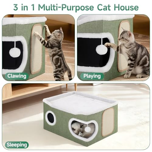 Extra Large Cat House Bed for Multi Cats with Scratch Pad Green (Green / Extra Large)