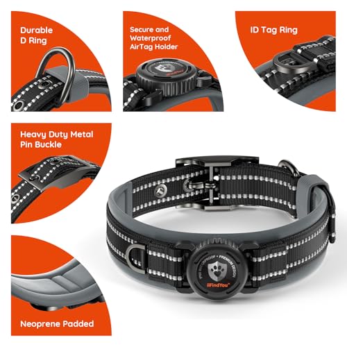 Heavy Duty Dog Collar with AirTag Holder (Black / M (17-19in Neck))